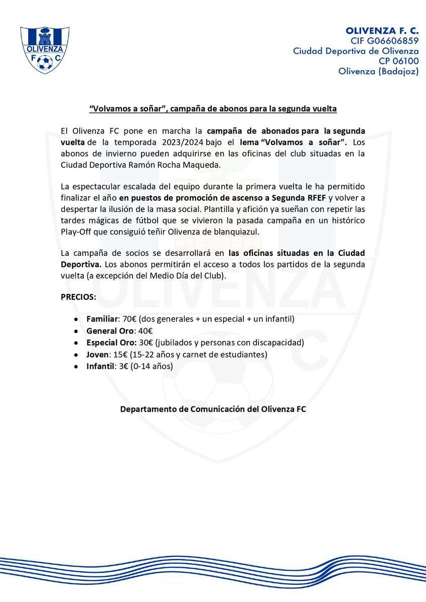 📢 ¡Arranca la 𝐜𝐚𝐦𝐩𝐚𝐧̃𝐚 𝐝𝐞 𝐚𝐛𝐨𝐧𝐨𝐬 de invierno!

🤍 𝑽𝒐𝒍𝒗𝒂𝒎𝒐𝒔 𝒂 𝒔𝒐𝒏̃𝒂𝒓.

📅 A partir del 29 de diciembre en las oficinas del club.

#LosDragonesDeOlivenza