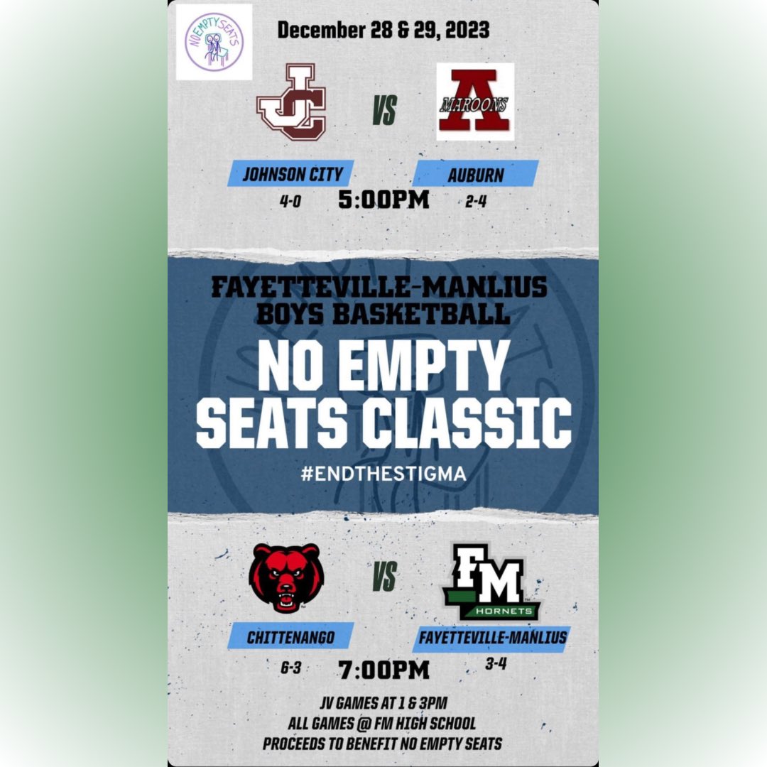 FMHoops's tweet photo. Join us this Thursday and Friday (12/28-12/29) in our first Holiday Tournament (Sponsored by #NoEmptySeats) to help raise awareness on mental health. #EndTheStigma #GoHornets 🏀 https://t.co/93UeEtE8JJ