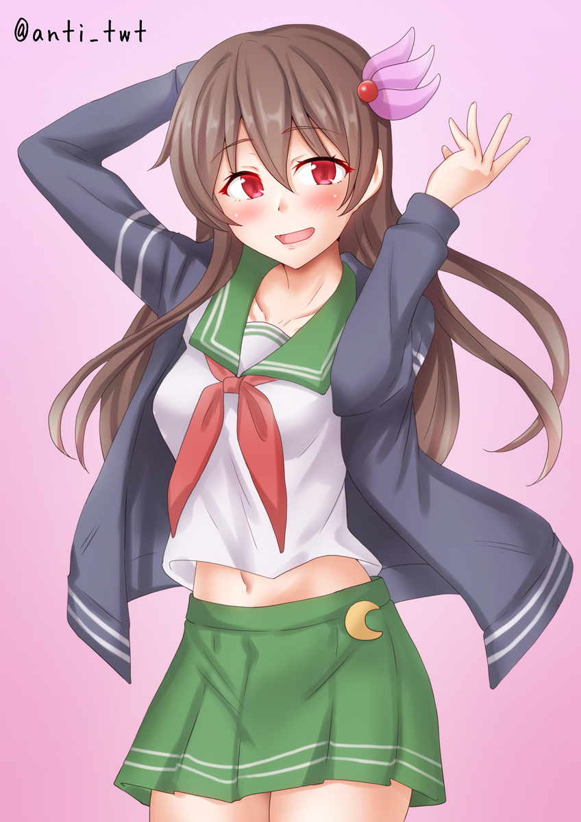 kisaragi (kancolle) 1girl solo skirt long hair brown hair school uniform crescent  illustration images