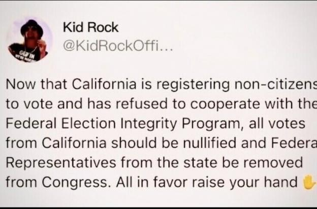 KID ROCK HAS IT RIGHT, DOESN'T HE? As a matter of fact, any state that purposefully violates the election laws/arbitrarily change the laws without the right to do so should not have their votes counted in any election. If it's found that they are allowing illegal aliens to vote