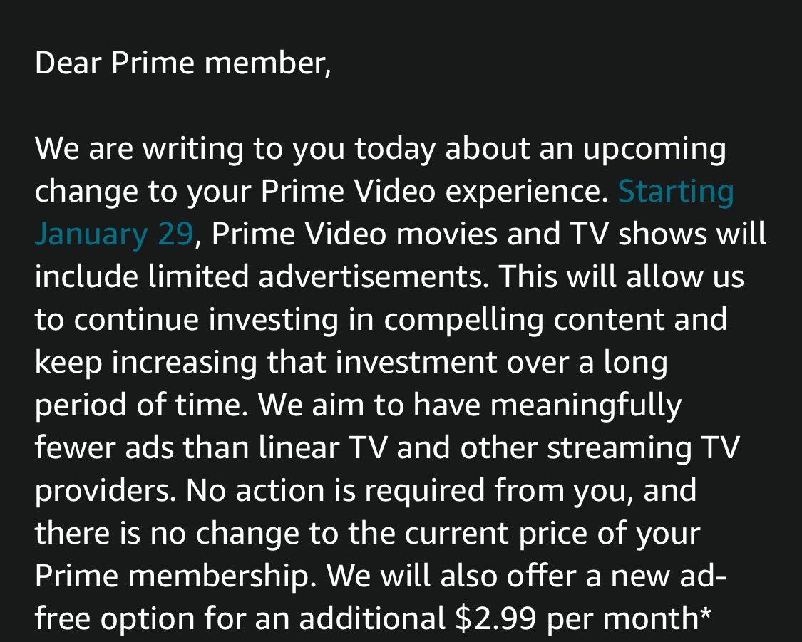 Really ⁦<a href="/amazon/">Amazon</a>⁩? We’re already paying more for less. Ex: we can’t count on 2-day deliver. Top movies are for rent or require a subscription. The value for Prime is becoming less compelling. Basically, you’re asking us to pay +$3/mo., to get what you originally promised.