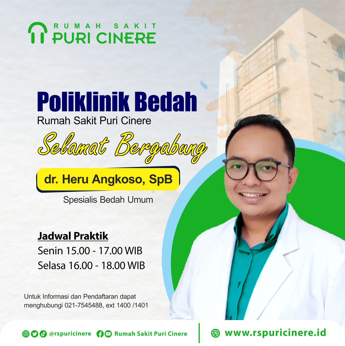 rspuricinere's tweet photo. Selamat bergabung untuk dr. Heru Angkoso, SpB @heru_a_
sebagai Dokter Spesialis Bedah Rumah Sakit Puri Cinere.
Semoga selalu dapat memberikan pelayanan terbaik bagi para pasien.
#dokter #spesialis #bedah #rspuricinere #rspc #cinere #depok https://t.co/WYaoQp9RvV