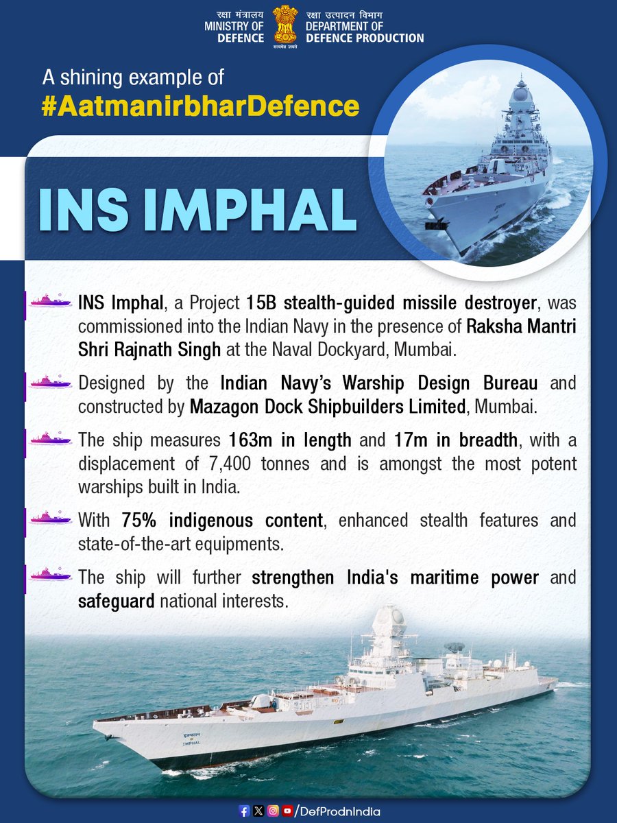 DefProdnIndia's tweet image. A shining example of #AatmanirbharDefence

🔸 #INSImphal, a Project 15B stealth-guided missile destroyer, was commissioned into the #IndianNavy 

🔸 Being designed by the Indian Navy’s Warship Design Bureau and constructed by Mazagon Dock Shipbuilders Limited (MDL), Mumbai.