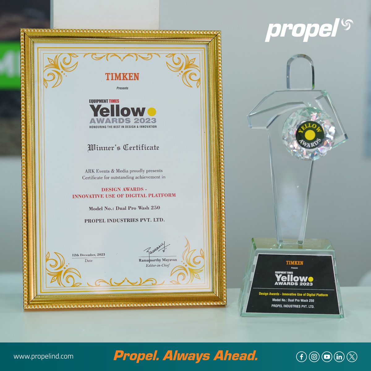 We are delighted and honored to have been bestowed with the prestigious Yellow Dot Award.
Propel. Always Ahead.

#YellowDotAwards #EquipmentTimes #DualProwash #Washingsystem #DigitalPlatform #InnovationCelebrated #SandWashingSystem #PropelSandWashingEquipments #PropelSandWashing