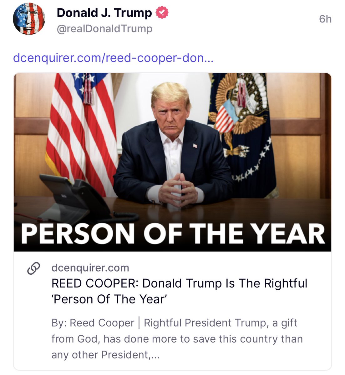 Thank you, Rightful President Trump, for sharing my article a second time today! President Trump is the RIGHTFUL 'Person of the Year' due to his takedown of child & human trafficking. God bless this gift from heaven.