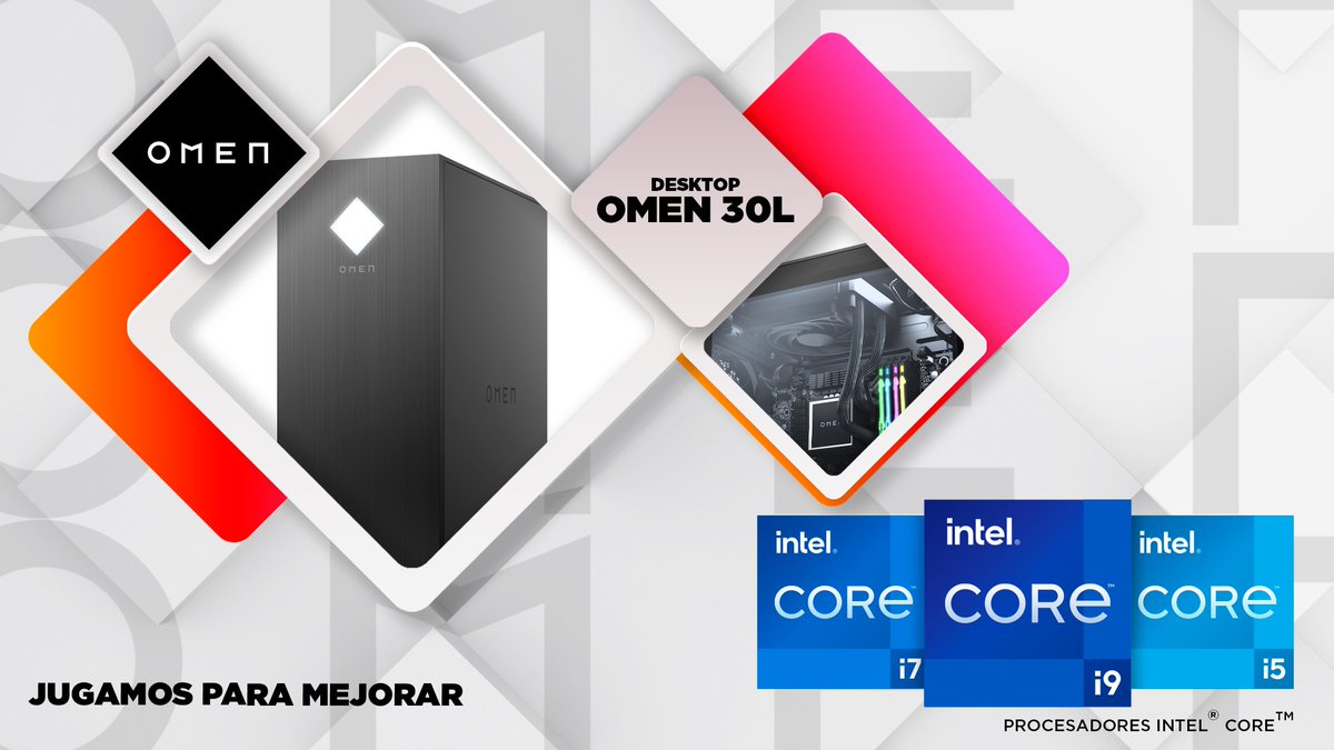 Potencia y elegancia son un sinónimo si hablamos del #OMEN30L. Un  diseño impactante y rendimiento  potenciado por procesadores Intel®  Core™. OMEN, jugamos para  mejorar. 💥💻