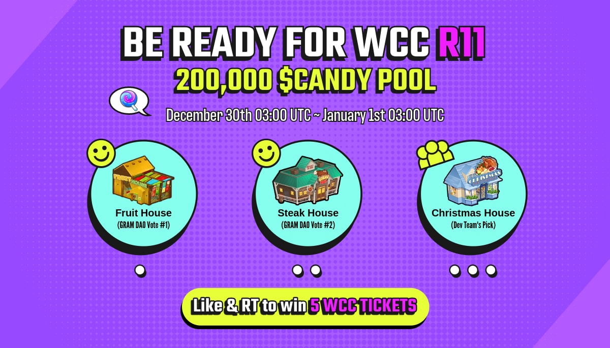 🏆Restaurants for #WCC Round 11🏆

Get your restaurants and costumes ready to win from the 200K $CANDY to celebrate #NewYear2024 

🎮 Get Ready: bit.ly/3QS9xu8
🚩 Like &amp; RT this tweet
🎁 10 winners (5 WCC Tickets each)
📢 Winners: Dec 29th

(1/2)