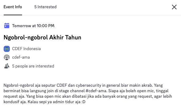 CDEF_ID's tweet photo. Yuk ngobrol-ngobrol di Discord CDEF biar makin akrab.

📅 Day and date: Thursday, 28 Dec 2023
⏰ Time: 22.00 WIB
📍 Location: Discord CDEF #cdef-ama stage channel

Join Discord CDEF disini https://t.co/PXuaZ73gFf https://t.co/Ef7WsDS08o