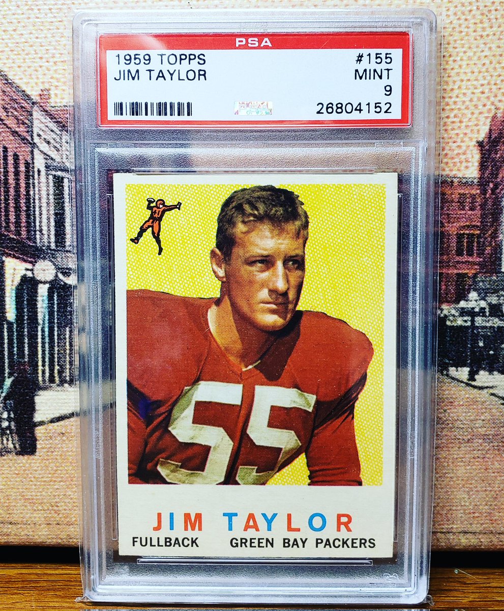 SconnEtradition's tweet photo. #51 on the Top 100 of 2023 - 1959 Topps Jim Taylor RC PSA 9 - none graded higher. This Pro Football Hall of Fame RC is one of the key cards of the 59 Topps set. He was 6x All-Pro and rush/recieved for over 10k yards and 93 TD. One of the best to ever do it. #jimtaylor https://t.co/PQRyM2UNb8