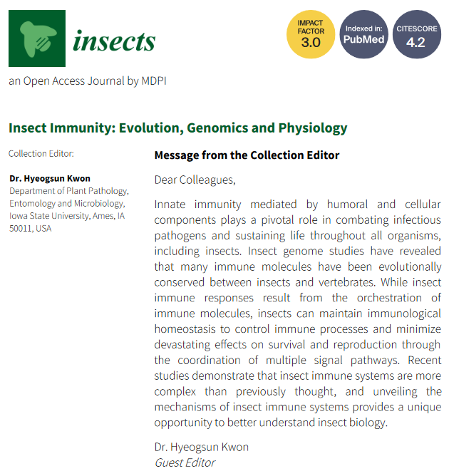 Insects_MDPI's tweet photo. #TopicalCollection "#Insect #Immunity: Evolution, Genomics and #Physiology" 

Guest-edited by Dr. Hyeogsun Kwon 

🔥Enjoy reading the 4 published papers and welcome to submit your articles on this topic!
https://t.co/6SUbJdGeIh
#innateimmunity #immunophysiology https://t.co/00BsIffvG0