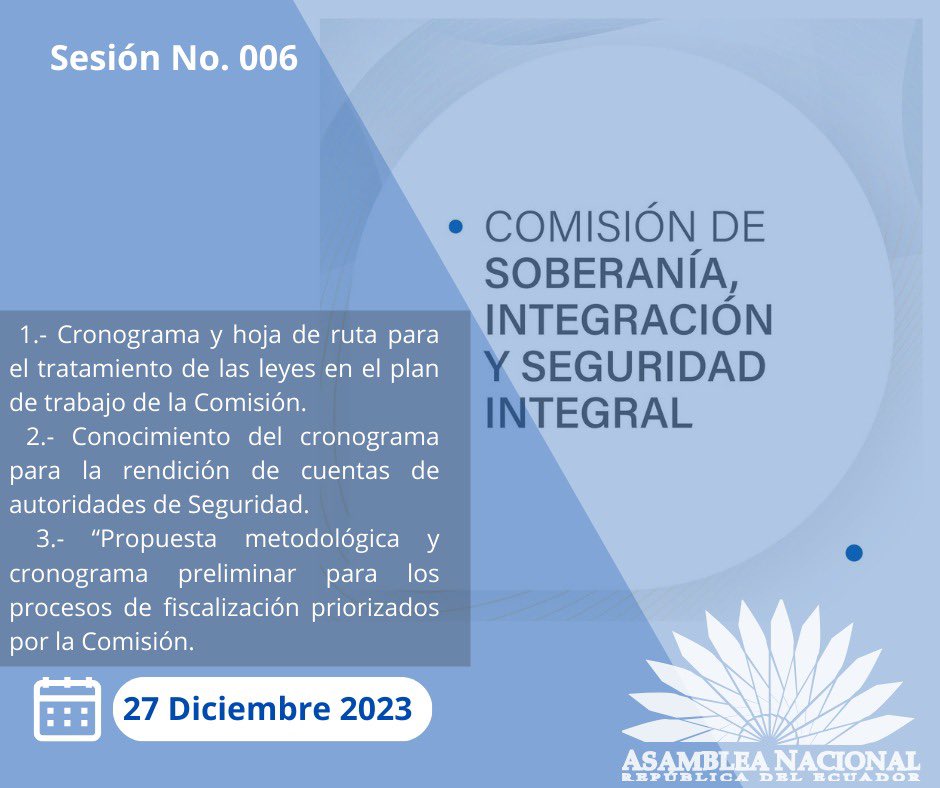 SeguridadAN's tweet photo. La Comisión de Seguridad …. sesionará el día de mañana miércoles 27 de diciembre a las 11h45, en modalidad virtual.
Aquí te indicamos el orden del día para que nos sigas y conozcas más sobre los temas a tratar
#Seguridad #Cronogramas #ProyectosDeLey https://t.co/X4K3f4ddaJ