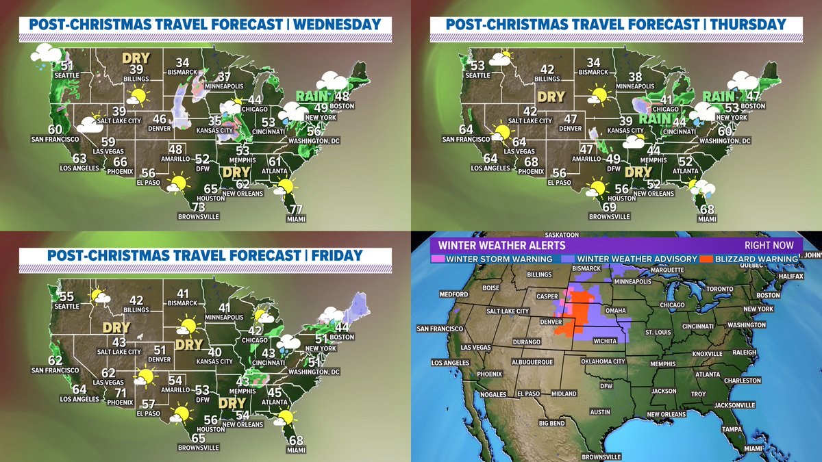 A storm system bringing blizzard conditions to parts of the Plains will be the worst of the travel issues over the next several days. Rain possible farther east with dry weather if you are traveling in Texas this week. #wfaaweather