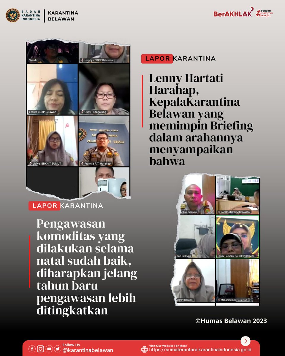 KarantinaBLW's tweet photo. H+3 Natal, UPT Karantina Belawan Laksanakan Briefing Kesiagaan Pengawasan Komoditas

Lenny Hartati Harahap, Kepala Karantina Belawan yang memimpin Briefing dalam arahannya menyampaikan bahwamengingatkan kepada seluruh pegawai untuk senantiasa menjaga kesehatan. (Rabu, 27/12) https://t.co/YmgTmG40bI