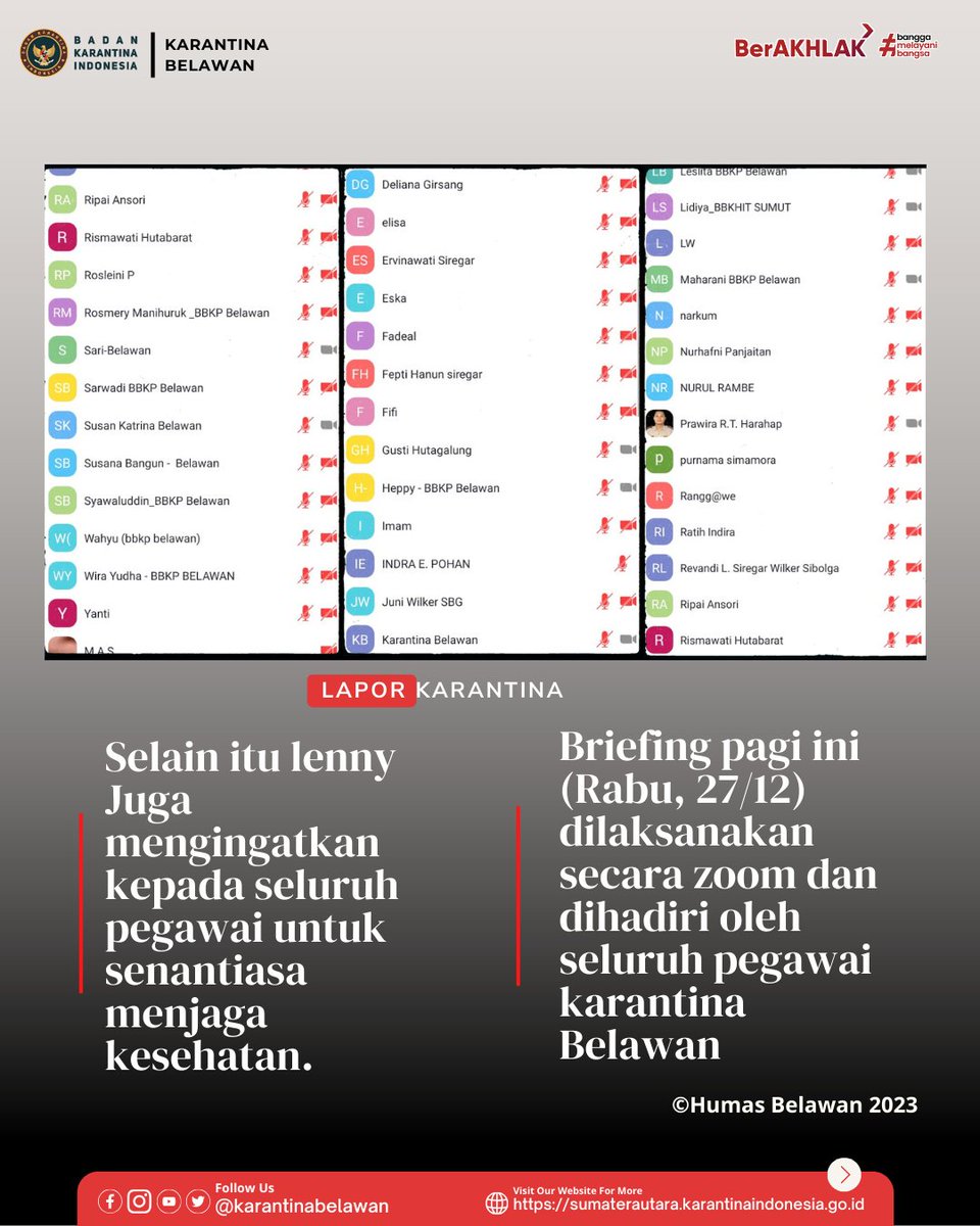 KarantinaBLW's tweet photo. H+3 Natal, UPT Karantina Belawan Laksanakan Briefing Kesiagaan Pengawasan Komoditas

Lenny Hartati Harahap, Kepala Karantina Belawan yang memimpin Briefing dalam arahannya menyampaikan bahwamengingatkan kepada seluruh pegawai untuk senantiasa menjaga kesehatan. (Rabu, 27/12) https://t.co/YmgTmG40bI