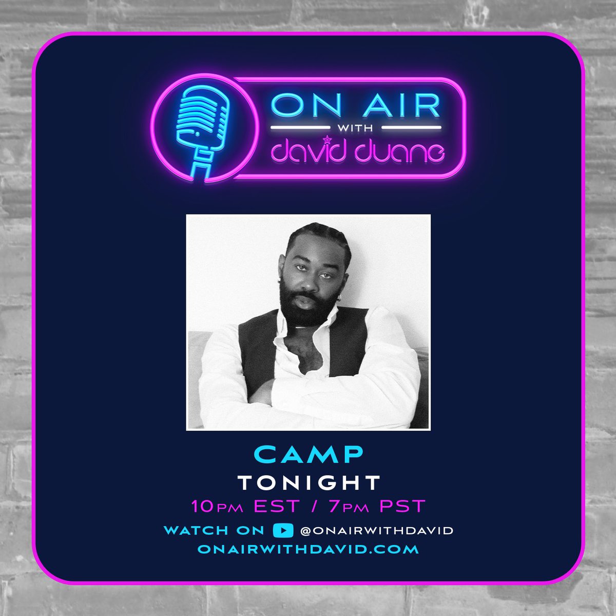 OnAirWithDavid's tweet photo. TONIGHT • Tuesday, December 26th 10pm EST / 7pm PST: @DDuaneOfficial returns with the BRAND NEW EPISODE of @OnAirwithDavid, featuring special guest @AARONCamper • Stream LIVE on https://t.co/KfuJ9YjwPy or https://t.co/ee8YZVMH7P #DavidDuane #Camp #OnAirWithDavidDuane https://t.co/leynY7cRvD