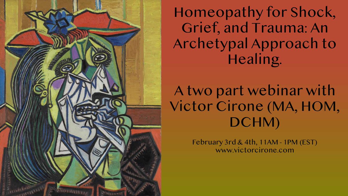 'Homeopathy for Shock, Grief, and Trauma: An Archetypal Approach to Healing.' Registration is now available for this two part webinar. Sign up at the link below or write to me directly victorcirone.com 

eventbrite.ca/e/homeopathy-f…

#Homeopathy #Trauma #Healing #medicine