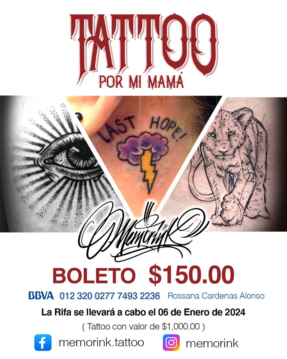 RocksCardenas's tweet photo. Hola! Mi mamá lleva enferma 2 meses y su tratamiento es muy costoso. Pido su ayuda por medio de una rifa de un Tattoo con valor de $1000 , todo será de mucha ayuda. Gracias! https://t.co/evJuZyzfDz