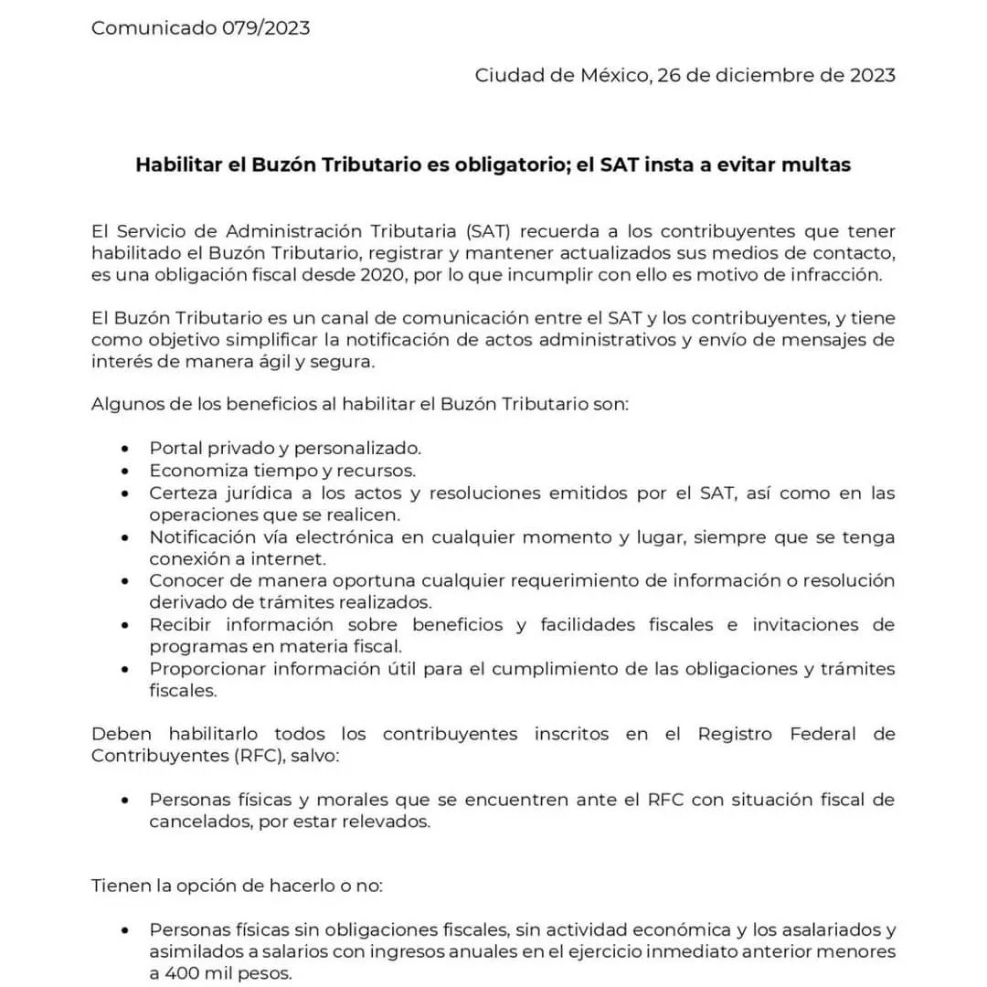 AfimeFiscal's tweet photo. #ComunicadoSAT

El SAT recuerda que contar con Buzón Tributario habilitado y medios de contacto actualizados es una obligación fiscal. 

@satmx #buzontributario #QueNoSeTePase https://t.co/Q1JNBL2W5d