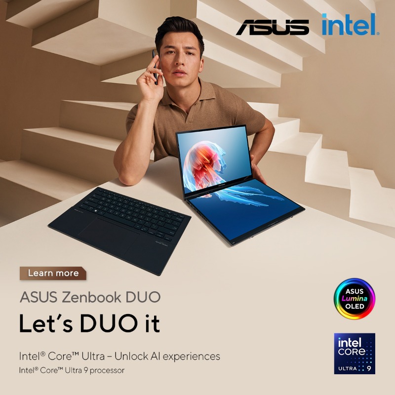 ASUS's tweet photo. Představujeme naš zbrusu nový Zenbook DUO, nejnovější průlom od #ASUS! Zvyšte svou produktivitu a kreativitu s pomocí dvojice 14" OLED displejů. Udělejme to společně! #ZenbookDUO #ASUSLaunchEvent #CES2024