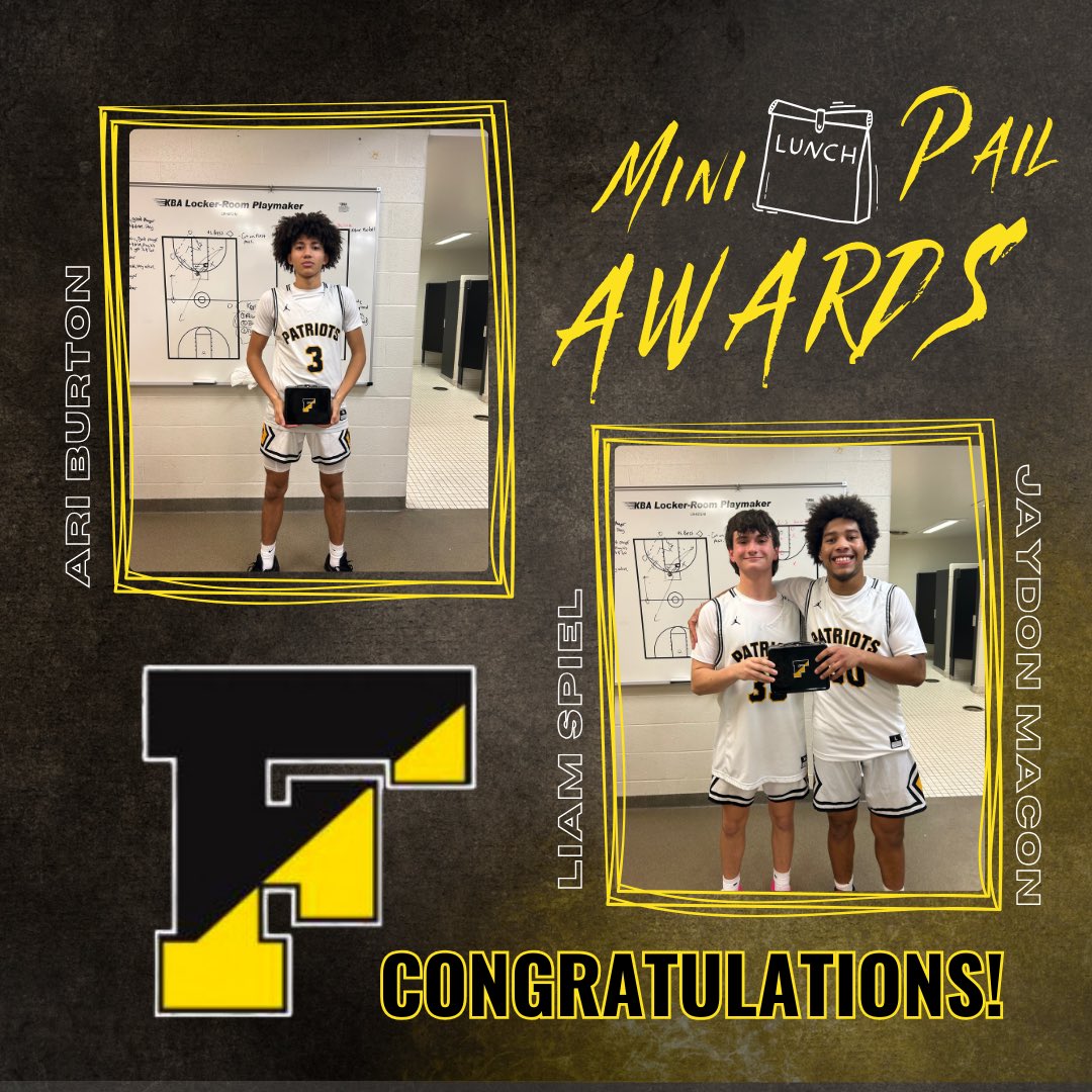 FHSBasketball1's tweet photo. 👏🏻👏🏻👏🏻 Let’s catch up on our JV standouts from the last few games! 🏀🏀🏀

Mini Pail Award winners go to:

Freshman, Ari Burton
Junior, Jayden Macon
Freshman, Liam Sipel

Keep grinding, Pates! https://t.co/N3X1CAvbS2