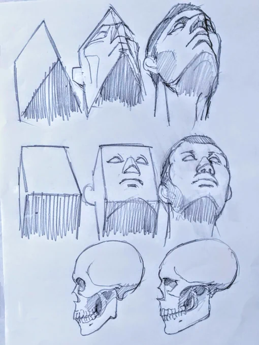 この絵は誇張して描いています。アジア人が欧米の白人さんの顔を間近で見ると、あまりの造形の違いにショックを受けます。単に鼻が高いというだけでなく根本から違う感じ。アジア人が角材の平面に顔があるとすれば、白人さんは峰の稜線にそびえるように顔がある印象を受けます。 