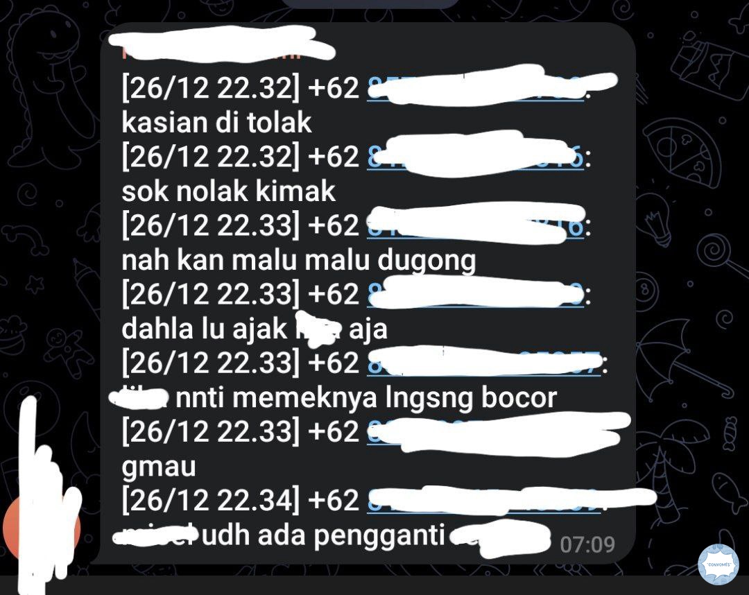convomfs's tweet photo. 💭 TW// FITNAH &amp; PLCHAN

Temen ku ini awalnya di fitnah vcs sama orang padahal ngga, terus tiba-tiba yang lain ini ngirim ginian di grup, anggotany pada sick anj😔. https://t.co/dy2ZCjWR3F