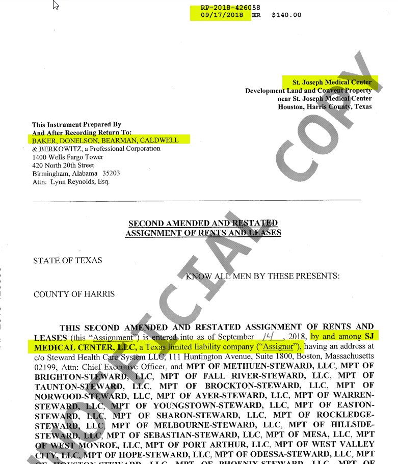 HedgeyeREITs's tweet photo. The side-by-siding of $MPW will continue until transparency improves, which probably means forever.

Here we have $MPW's 7.18.18 response to an @SECGov comment letter, citing another temporary >20% asset exposure to Steward. In it, $MPW cites SJM in Houston being held-for-sale and sold on 3.1.18 as rationale for not tripping the ~20% tenant threshold. 

But what this response did NOT say, but can be found with the Harris County Recorder, is a deed amendment from Sep. 2018 that shows (1) a purchase and sale dated 5.18.18 w/ $MPW as buyer and (2) an assignment dated 6.27.18 (both before the date of $MPW's response to the SEC), and then (3) a recording on 8.8.18 just three weeks after the response.

So, $MPW sold SJM by effectively converting to a mortgage to get under ~20%, but then bought it back months later in the same year for cancellation of the mortgage + additional cash. All while using the sale as rationale to not disclose Steward's financials. And then, of course, did not call out explicitly in 10-Q.

I know what this looks like.... and it's not the "High Road."