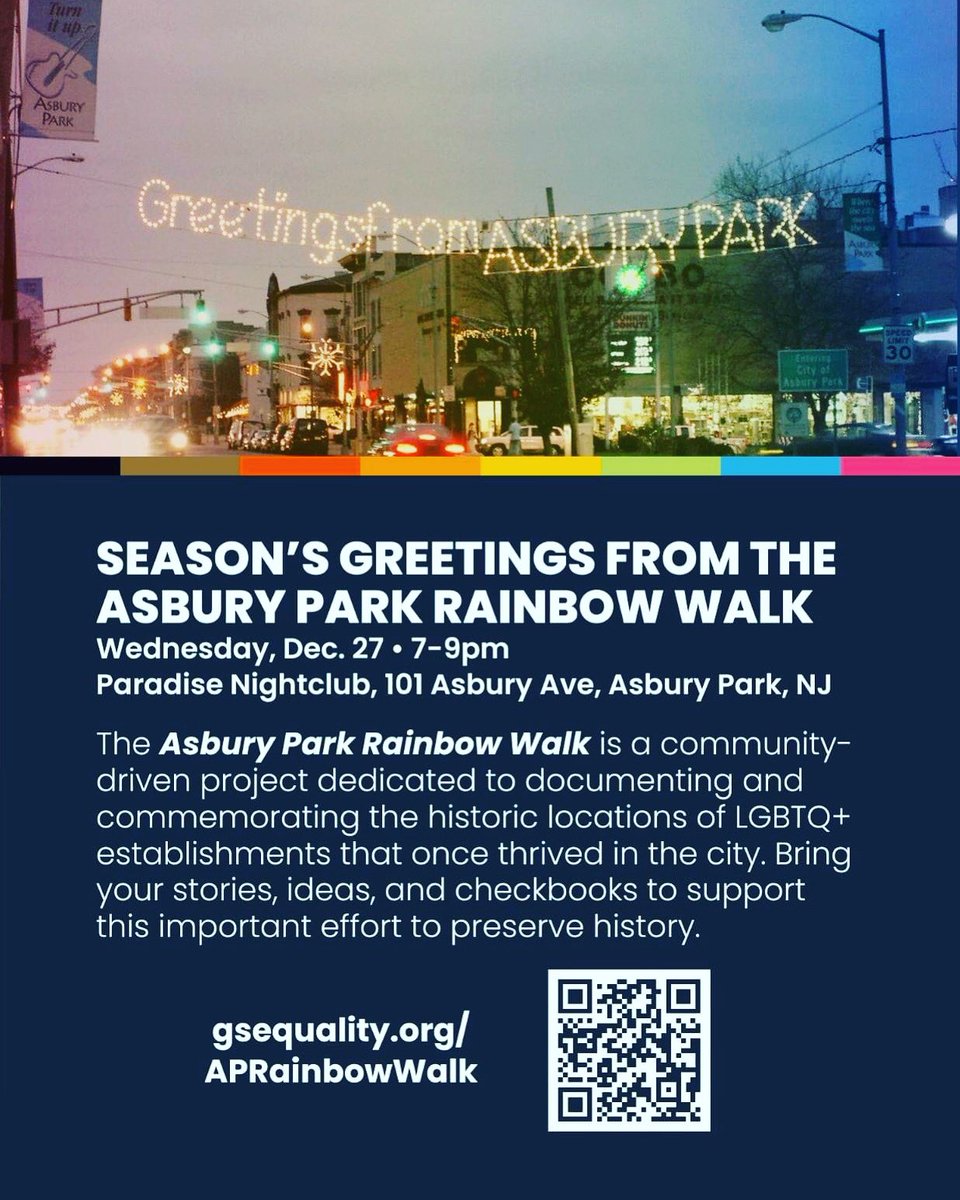 Asbury Park Rainbow Walk 🏳️‍🌈🏳️‍⚧️ 
Wednesday, December 27th 
7pm to 9pm @GSEquality 

#paradisenj #asburypark #asburyparknj #dragqueen #lgbt #drag #gay #lgbtq #gaybar #asbury #asburyparkboardwalk #lgbthistory @ILoveGayNJ