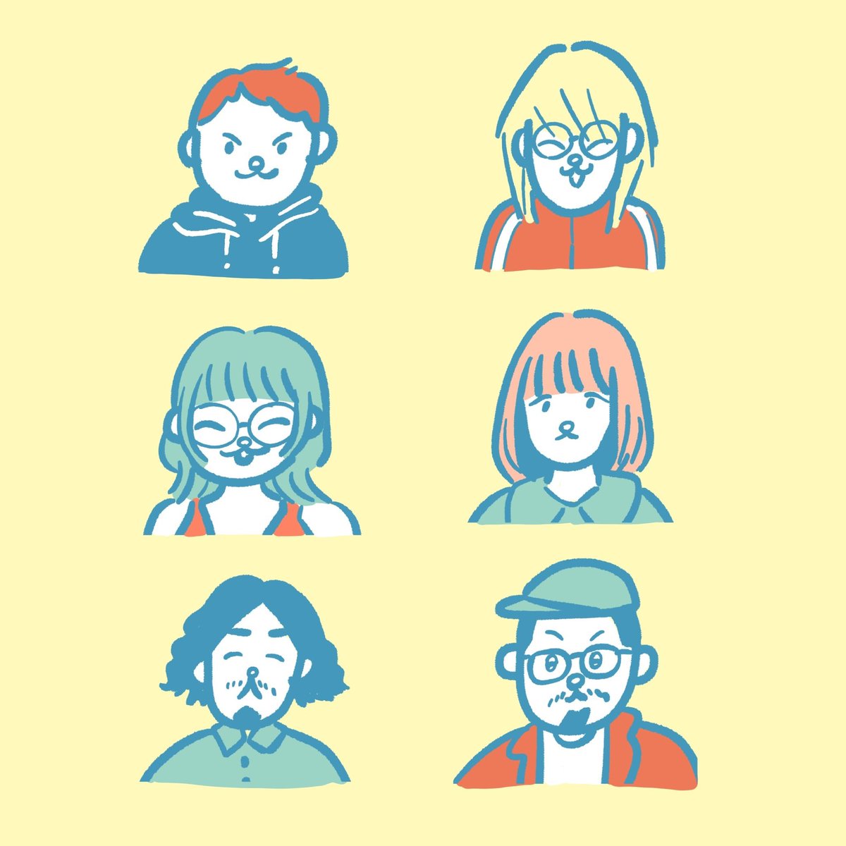 glasses multiple girls multiple boys facial hair blonde hair yellow background mustache  illustration images