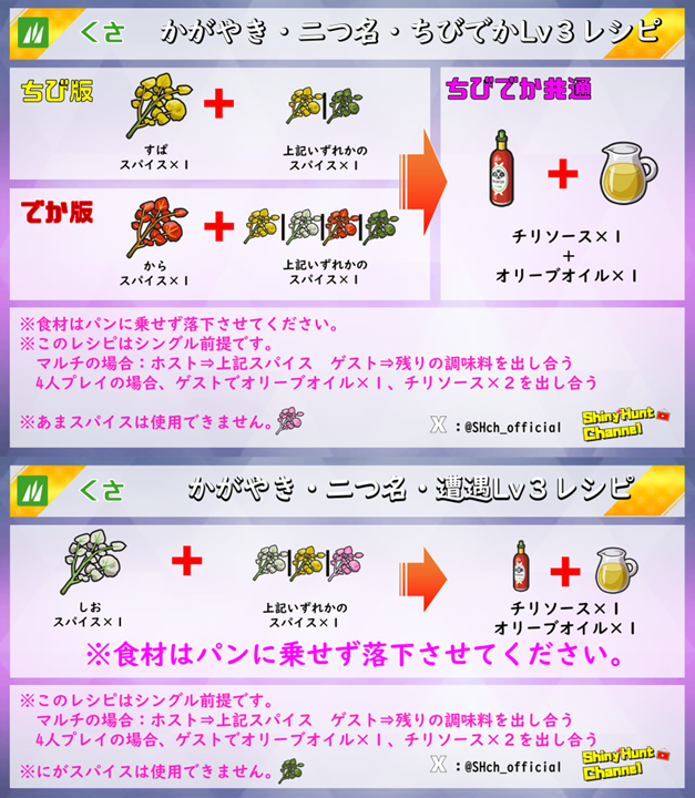 SHch_official's tweet photo. 【御三家色違い厳選記事：レシピ追加＆訂正】
・ちびでかのレシピしかなかったので遭遇版も載せました。
・レシピ内の文字に誤記がありましたので修正しました。大変申し訳ございません。（材料画像は合っています）

☟レシピ詳細
https://t.co/WB7EfgxwRk
#藍の円盤 https://t.co/jG7c3YXHI4