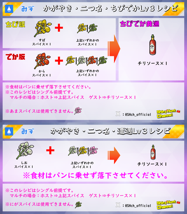 SHch_official's tweet photo. 【御三家色違い厳選記事：レシピ追加＆訂正】
・ちびでかのレシピしかなかったので遭遇版も載せました。
・レシピ内の文字に誤記がありましたので修正しました。大変申し訳ございません。（材料画像は合っています）

☟レシピ詳細
https://t.co/WB7EfgxwRk
#藍の円盤 https://t.co/jG7c3YXHI4