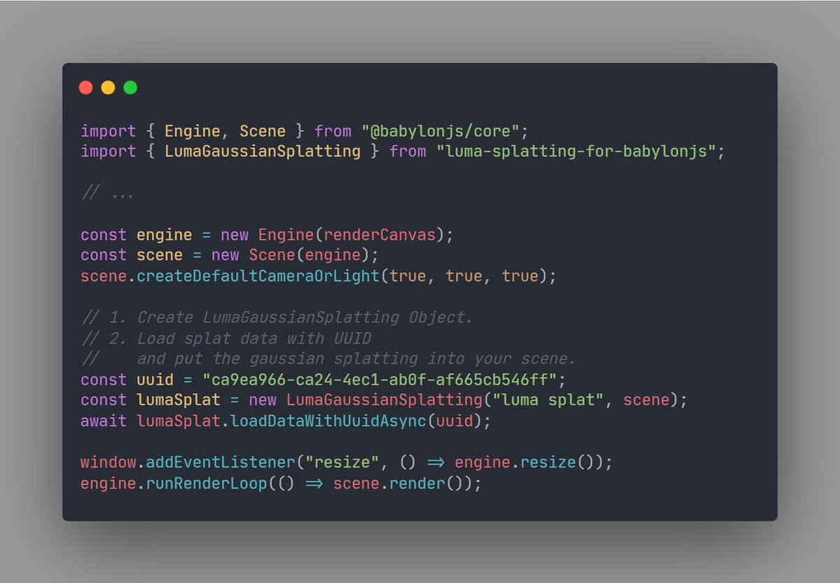 ninisan_drumath's tweet image. LumaAIのGaussianSplattingをBabylon.jsに読み込めるライブラリを公開しました～～
LumaAI公式のLuma Web Libraryを意識して、UUIDを指定して読み込めるようになっていますー
#lumaai #babylonjs #GaussianSplatting 

github.com/drumath2237/lu…