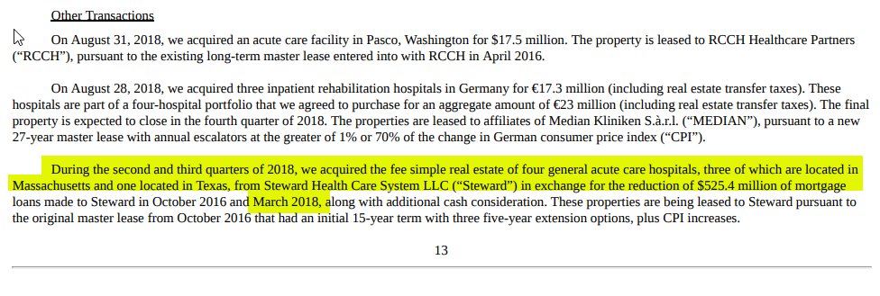 HedgeyeREITs's tweet photo. The side-by-siding of $MPW will continue until transparency improves, which probably means forever.

Here we have $MPW's 7.18.18 response to an @SECGov comment letter, citing another temporary >20% asset exposure to Steward. In it, $MPW cites SJM in Houston being held-for-sale and sold on 3.1.18 as rationale for not tripping the ~20% tenant threshold. 

But what this response did NOT say, but can be found with the Harris County Recorder, is a deed amendment from Sep. 2018 that shows (1) a purchase and sale dated 5.18.18 w/ $MPW as buyer and (2) an assignment dated 6.27.18 (both before the date of $MPW's response to the SEC), and then (3) a recording on 8.8.18 just three weeks after the response.

So, $MPW sold SJM by effectively converting to a mortgage to get under ~20%, but then bought it back months later in the same year for cancellation of the mortgage + additional cash. All while using the sale as rationale to not disclose Steward's financials. And then, of course, did not call out explicitly in 10-Q.

I know what this looks like.... and it's not the "High Road."