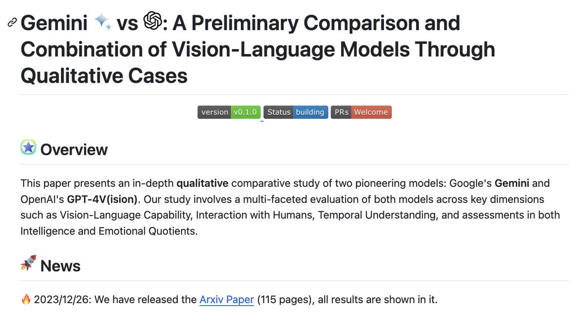 _akhaliq's tweet photo. Gemini vs GPT-4V: A Preliminary Comparison and Combination of Vision-Language Models Through Qualitative Cases

paper page: https://t.co/GwqhvEMJlW

The rapidly evolving sector of Multi-modal Large Language Models (MLLMs) is at the forefront of integrating linguistic and visual processing in artificial intelligence. This paper presents an in-depth comparative study of two pioneering models: Google's Gemini and OpenAI's GPT-4V(ision). Our study involves a multi-faceted evaluation of both models across key dimensions such as Vision-Language Capability, Interaction with Humans, Temporal Understanding, and assessments in both Intelligence and Emotional Quotients. The core of our analysis delves into the distinct visual comprehension abilities of each model. We conducted a series of structured experiments to evaluate their performance in various industrial application scenarios, offering a comprehensive perspective on their practical utility. We not only involve direct performance comparisons but also include adjustments in prompts and scenarios to ensure a balanced and fair analysis. Our findings illuminate the unique strengths and niches of both models. GPT-4V distinguishes itself with its precision and succinctness in responses, while Gemini excels in providing detailed, expansive answers accompanied by relevant imagery and links. These understandings not only shed light on the comparative merits of Gemini and GPT-4V but also underscore the evolving landscape of multimodal foundation models, paving the way for future advancements in this area. After the comparison, we attempted to achieve better results by combining the two models. Finally, We would like to express our profound gratitude to the teams behind GPT-4V and Gemini for their pioneering contributions to the field. Our acknowledgments are also extended to the comprehensive qualitative analysis presented in 'Dawn' by Yang et al. This work, with its extensive collection of image samples, prompts, and GPT-4V-related results, provided a foundational basis for our analysis.