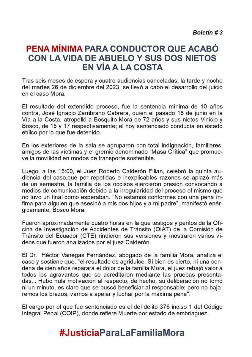 BoscoMora3's tweet photo. Rechazamos la injusta sentencia dada por el Juez Roberto Calderon Filian al irresponsable que nos arrebató la vida de mis hijos y la de mi padre. 

¡La lucha continúa!

@CJudicaturaEc @pcarvajal78 @LeoBerrezueta @VicenteTaianoEC @acastropiedra @RobertoLuqueN @luisantonio_r @alt https://t.co/9FUIvF0uM0