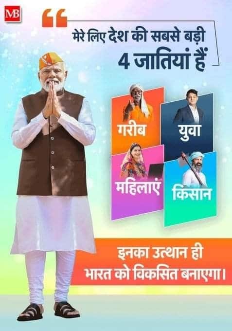 PatidarHansa's tweet image. मेरे लिए सबसे बड़ी जाति है- गरीब 
मेरे लिए सबसे बड़ी जाति है- युवा 
मेरे लिए सबसे बड़ी जाति है- महिलाएं
मेरे लिए सबसे बड़ी जाति है- किसान

इन 4 जातियों का उत्थान ही भारत को विकसित बनाएगा: प्रधानमंत्री श्री Narendra Modi जी

#ModiKiGuarantee #viksitbharatsanklapyatra 
#ModiH