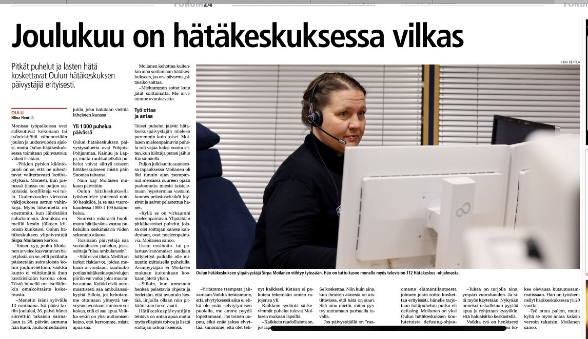 jukka_alenius's tweet photo. Joulukuu on hätäkeskuksessa vilkas, juttu  #forum24 ilmaisjakelulehdessä https://t.co/fMRCncnDVh https://t.co/lXSwswAH2Q
