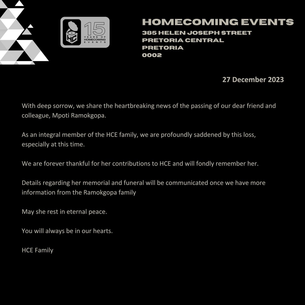 HomeComingEvent's tweet photo. RIP Mpoti Ramokgopa 🕊️❤️ https://t.co/bxHyJ7A8RI