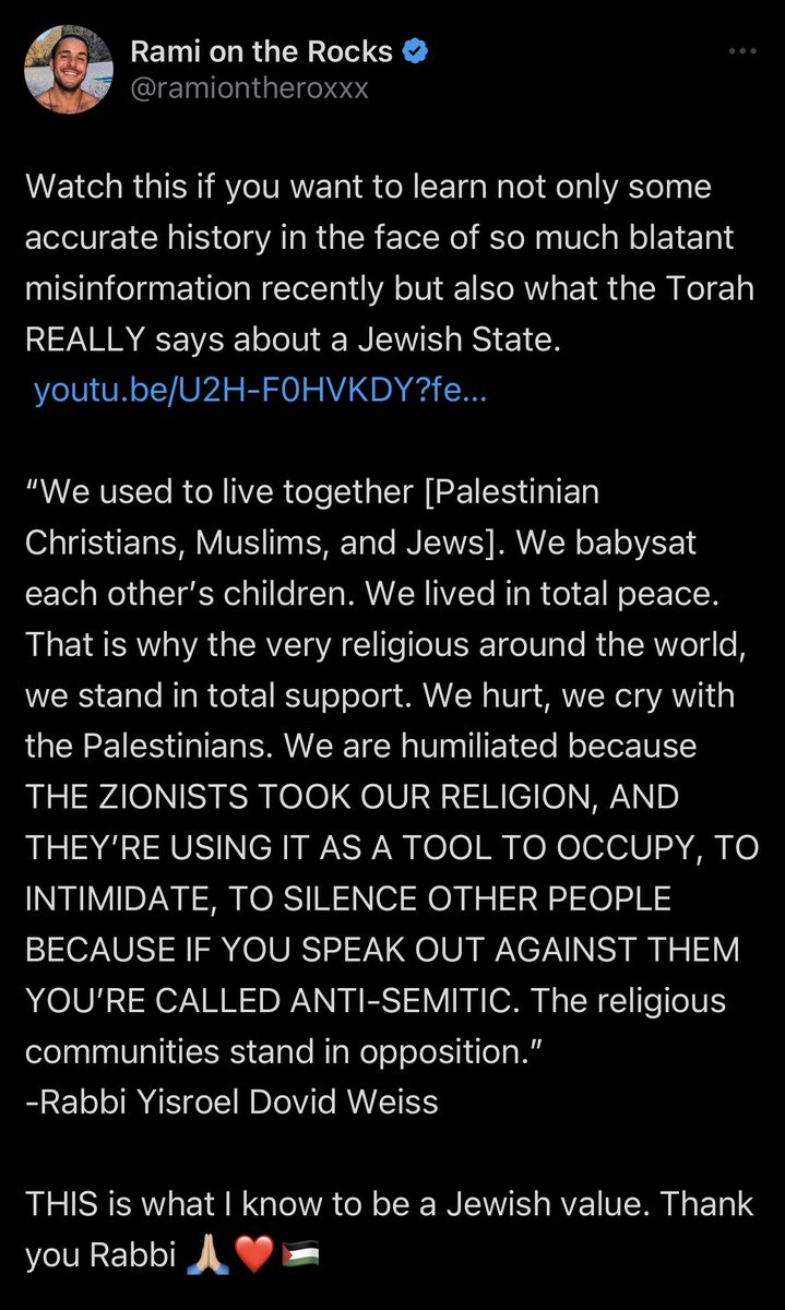RamiontheRocks's tweet photo. @DrEliDavid Lol except no one says #2. We all agree that Palestinian Jews lived side by side w/ Palestinian Muslims &amp; Christians for centuries

Israel is an imperial colonialist state masquerading as a religious one. The difference between Zionists &amp; Jews is that Jews believe God is watching https://t.co/uNqBoFUi1K