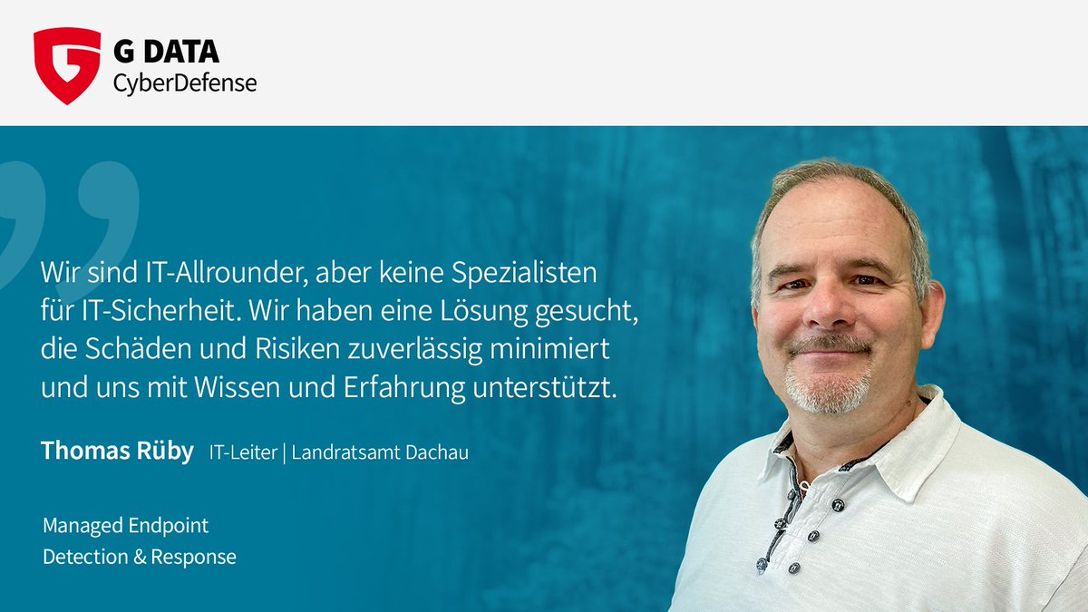 G DATA Global (@gdata) on Twitter photo "Wir sind IT-Allrounder, aber keine Spezialisten für #ITSicherheit", erklärt Thomas Rüby, IT-Leiter vom <a href="/LRA_Dachau/">Landratsamt Dachau</a>.
Seine Behörde setzt auf #MEDR.💡
Was er sich davon verspricht und warum der Anbieter-Standort wichtig ist, erfährst du im Interview: gdata.de/blog/2023/09/3… "Wir sind IT-Allrounder, aber keine Spezialisten für #ITSicherheit", erklärt Thomas Rüby, IT-Leiter vom <a href="/LRA_Dachau/">Landratsamt Dachau</a>.
Seine Behörde setzt auf #MEDR.💡
Was er sich davon verspricht und warum der Anbieter-Standort wichtig ist, erfährst du im Interview: gdata.de/blog/2023/09/3…