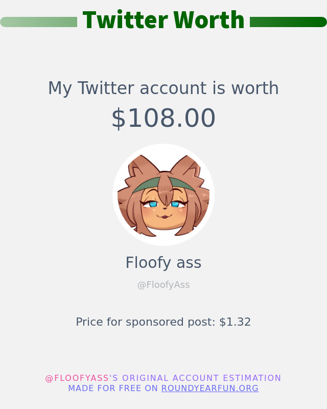 FloofyAss's tweet photo. My Twitter worth is: $108.00

➡️ https://t.co/bZtEu7rL0i https://t.co/g9Fjr0p7UP