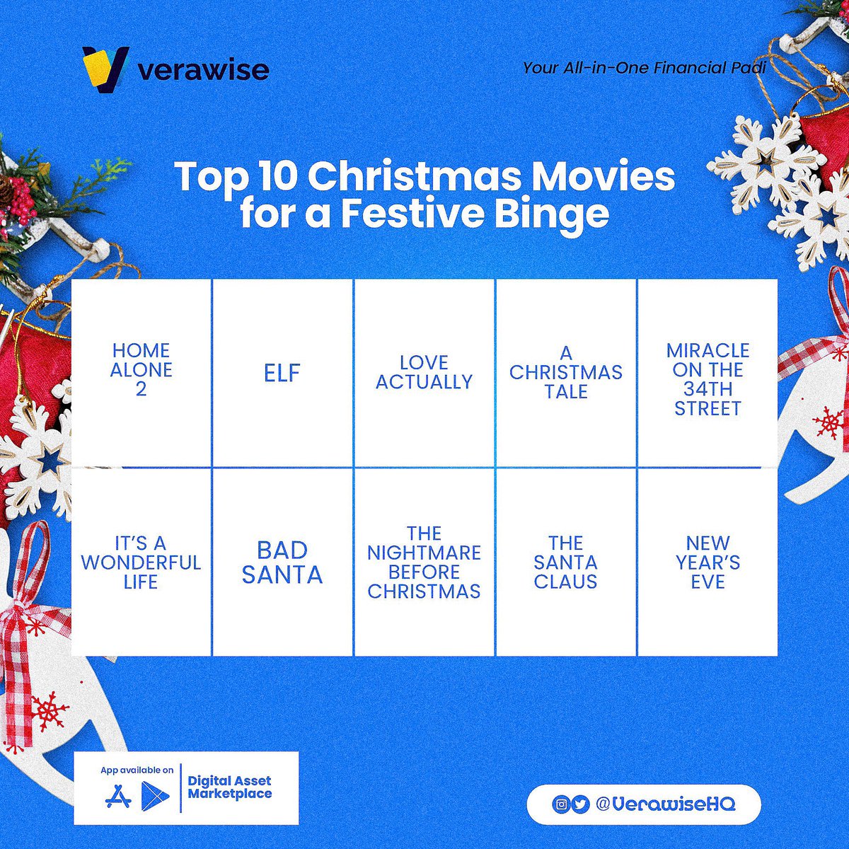 VerawiseHQ's tweet photo. Elevate your festive mood with our curated list of 10 movies perfect for a joyous holiday binge. 📺 

Compliments of the season 🥳🎄🎁

.
.

#merrychristmas #verawise #verapay #verawisehq #verastore #ManchesterUnited Hojlund | Garnacho | Ten Hag | Christmas | Portable https://t.co/FdNgCUATos