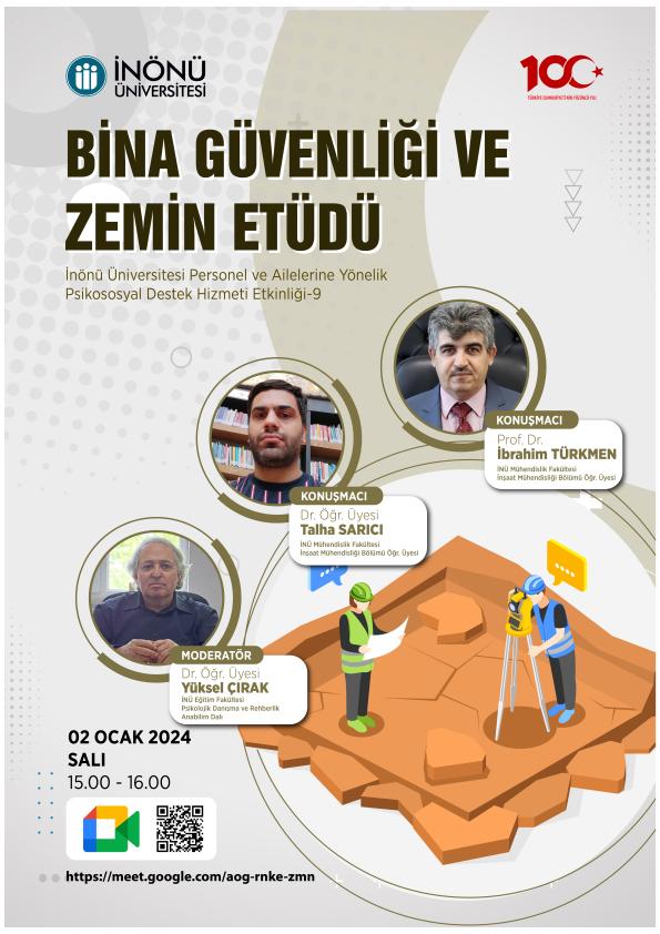Dokuzuncu etkinliğimizi Bina Güvenliği ve Zemin Etüdü gündemiyle gerçekleştiriyoruz. İlgili bütün mensuplarımızı ve ailelerini çevrimiçi etkinliğimize davet ediyoruz. 
Etkinlik linki: meet.google.com/aog-rnke-zmn​Etkinlik zamanı: 2 Ocak 2024 Salı Saat: 15.00 - 16.00