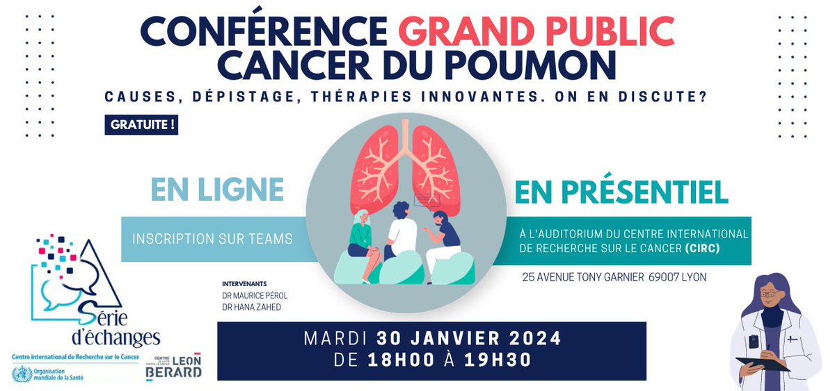 Centre Leon Berard (@clccleonberard) on Twitter photo Le <a href="/CLCCLeonBerard/">Centre Leon Berard</a> et <a href="/IARCWHO/">IARC</a> organisent une conférence sur le cancer du poumon :
📅Mardi 30 janvier à 18h
👉 en présentiel au CIRC - 25 avenue Tony Garnier à #Lyon
👉 en ligne en s'inscrivant ici : events.teams.microsoft.com/event/184729ac…
👨⚕️Le Dr Maurice Pérol participera à cette conférence. Le <a href="/CLCCLeonBerard/">Centre Leon Berard</a> et <a href="/IARCWHO/">IARC</a> organisent une conférence sur le cancer du poumon :
📅Mardi 30 janvier à 18h
👉 en présentiel au CIRC - 25 avenue Tony Garnier à #Lyon
👉 en ligne en s'inscrivant ici : events.teams.microsoft.com/event/184729ac…
👨⚕️Le Dr Maurice Pérol participera à cette conférence.