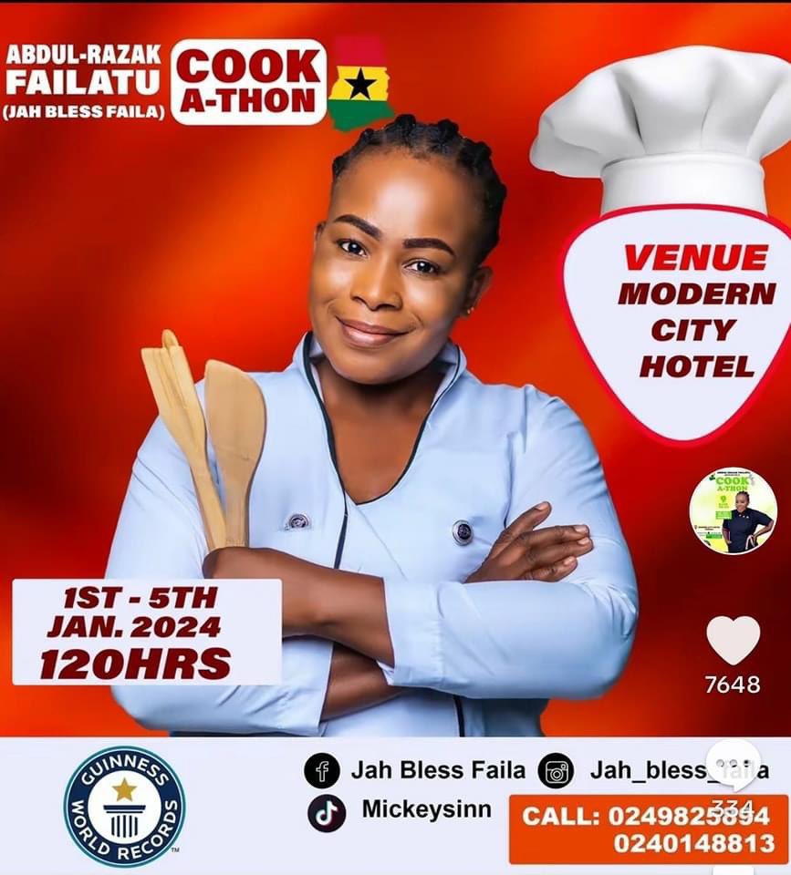ghonetv's tweet photo. Abdul Razak Failatu 🇬🇭 is about to cook her way to setting a new record on the 1st - 5th January 2024. 

The current record for the longest cooking marathon is held by Alan Fisher🇮🇪. He clocked in a time of 119 hours 57 minutes which is 24 hours more than the previous record held by 🇳🇬Nigerian chef Hilda Baci.

#GHOneTV #Cookathon #HildaBaci #GuinnessWorldRecord