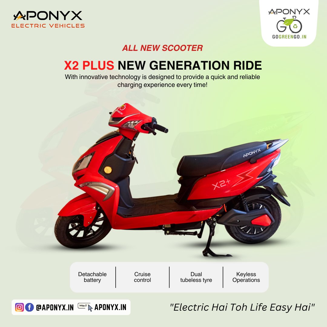 Aponyxin's tweet photo. Aponyx X2+ with New look: Fast, smooth, long-lasting battery with lithium-ion battery. Unique style, unique design. Greater mileage, better comfort with dual tubeless tyre.

🤙+91-8585900211
📥 info@aponyx.in
⚡Electric Hai Toh Life Easy Hai!

 #escooter #scooter #electricscooter https://t.co/UkBt8OcS59