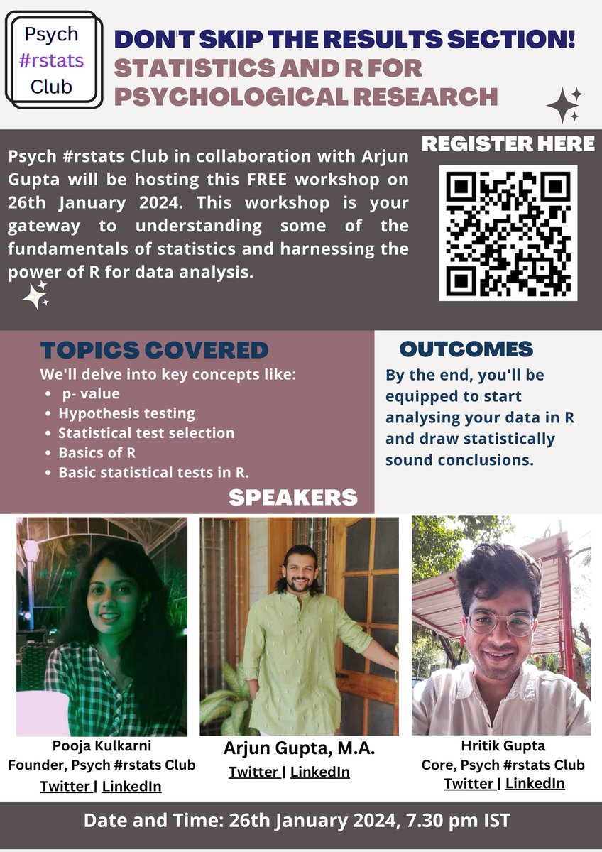 🚨 Exciting News! NEW COLLAB! ✨

We're thrilled to announce our FREE collaborative workshop on Statistics and R  by Arjun Gupta <a href="/_knightofsteel/">Arjun Gupta</a> along with founder <a href="/_PoojaKulkarni/">Pooja Kulkarni (She/Her)</a>  &amp; core member <a href="/Hritik__Gupta/">Hritik Gupta</a>.

🗓️ On 26th Jan 2024, 7:30 PM IST
 Register: forms.gle/thY8cNLHrhtuPL…