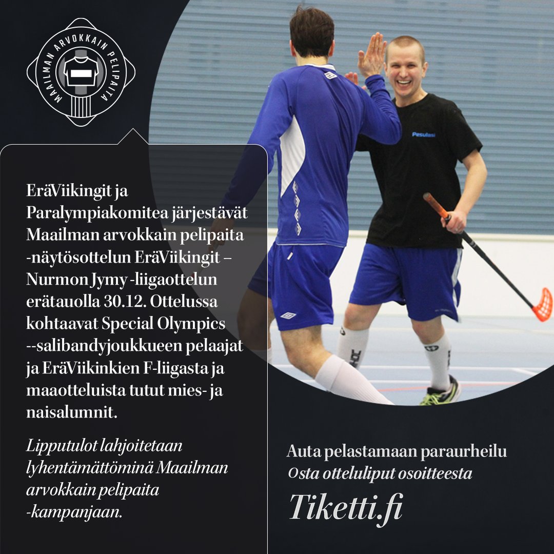 Auta kirittämään #MaailmanArvokkainPelipaita -kampanja tavoitteeseensa ja nauti samalla sähäkästä #salibandy -ottelusta #SpecialOlympics -näytösottelun kera 30.12.

Osta liput 👉 ow.ly/7yHB50QiYmJ

#SpecialOlympicsFinland #ArvokkainPelipaita #Fliiga #paraurheilu #urheilu