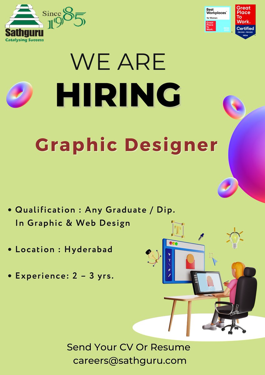 Looking for tech enthusiasts committed to innovation and timely results for the position of 'Graphic & Web Designer'.  

JD - lnkd.in/dCeqBBPk 

#hiring #graphicdesigner #sathgurumc #gptw4all #bestworkplaceforwomen #AnimationPro #careers #ApplyNow