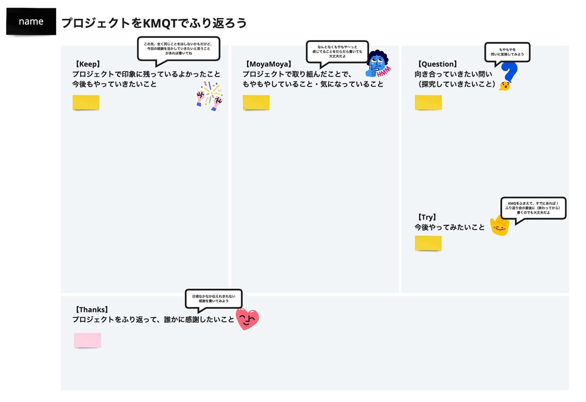 takichi's tweet photo. チームで"もやもや"を開きあうふり返り、KMQT（Keep/Moyamoya/Question/Try）のテンプレートをMiroverseに公開しました！ご自���にお使いください。
https://t.co/eX2zx5oGlz
プロジェクトチームの定期的なふり返り用と、年末年始向けに1年のふり返り用のテンプレもおまけでつけました。 https://t.co/fJRsbV3hCq